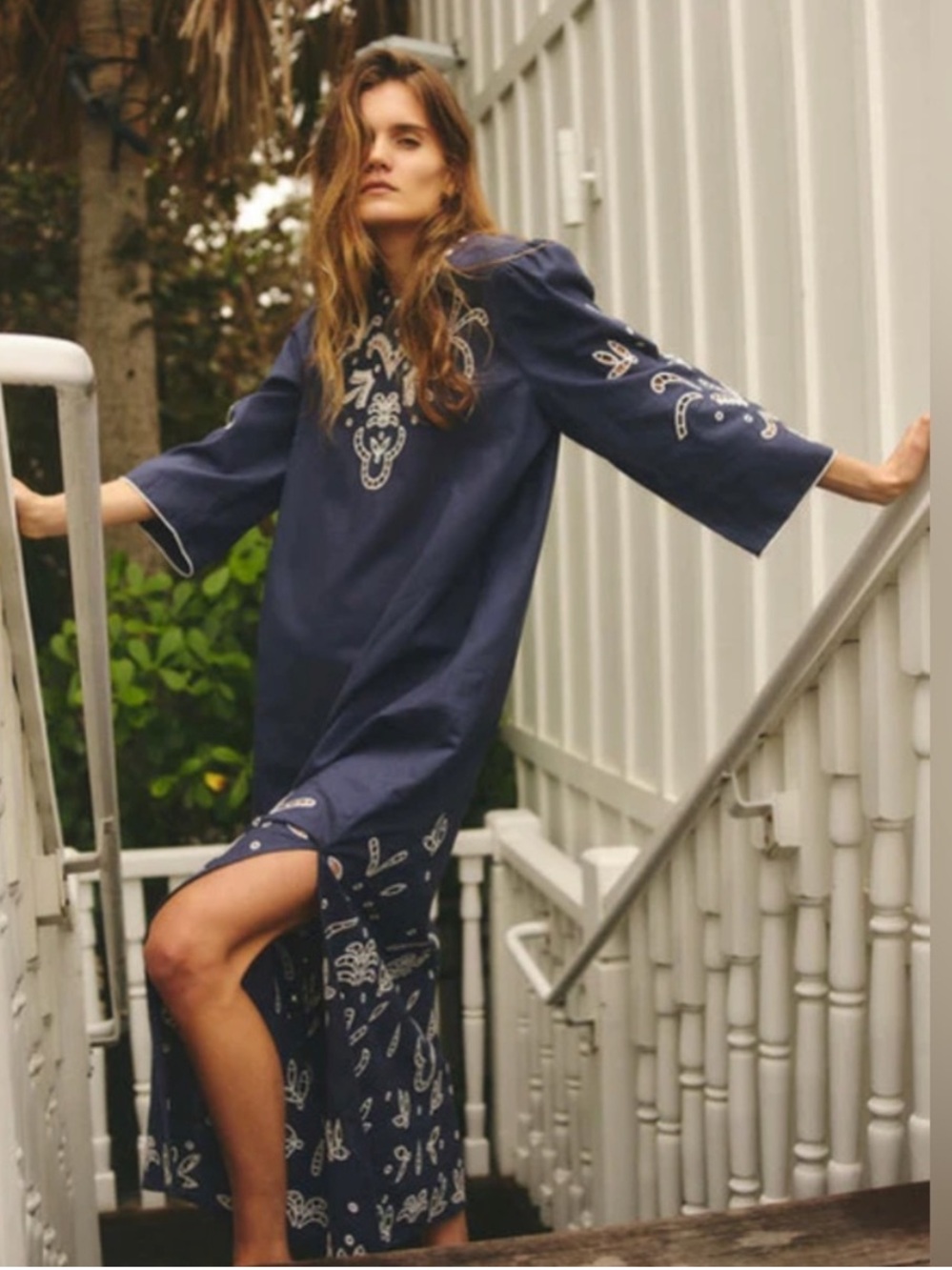 NWT Cartolina Nantucket Dress Athena Maxi Embroidered in Indigo Blue